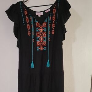 Embroidered Black Boho Dress with Turquoise & Orange Accents